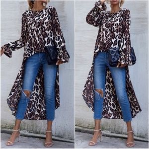 Brown Leopard Print High Low Ruffle Sleeve Top
